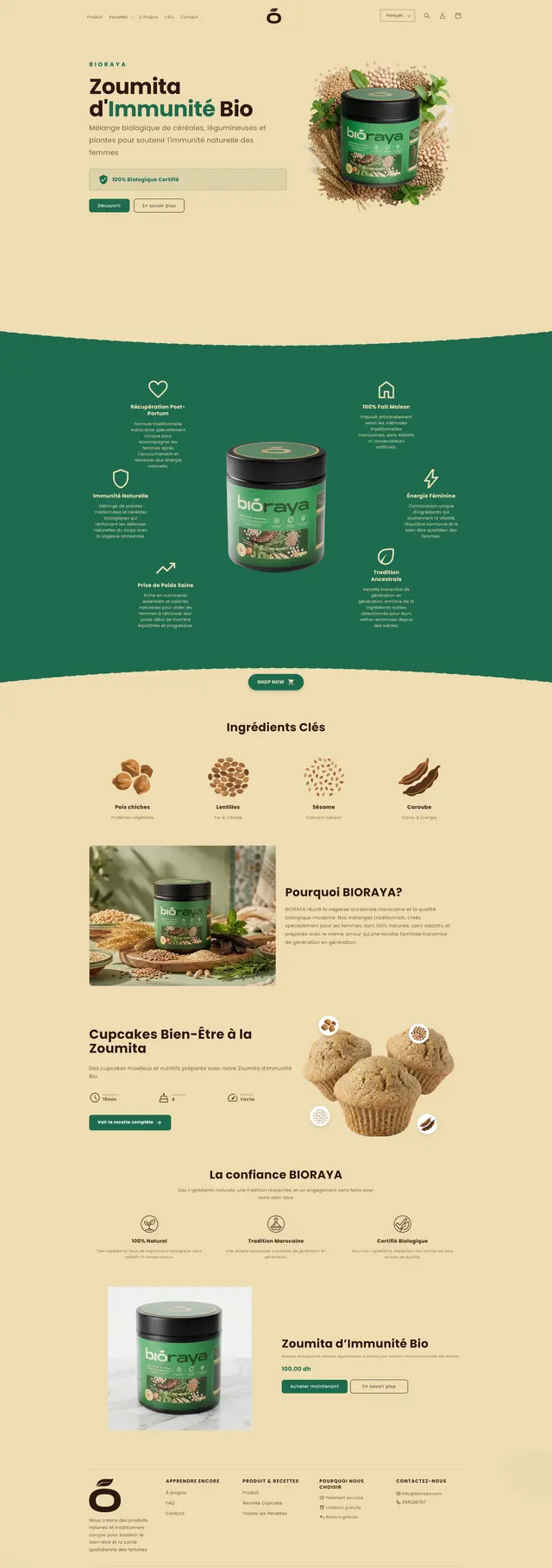 Bioraya homepage in French showing the Zoumita hero, the benefit ring, the key ingredients and the recipe module, built by Mira Visions