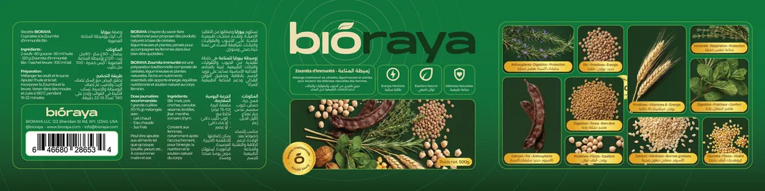 Bioraya Zoumita label artwork laid out flat, showing the French and Arabic ingredient and preparation panels and the botanical index, designed by Mira Visions