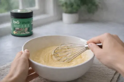 Eggs and sugar beaten in a bowl beside the Bioraya jar