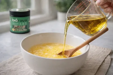 Oil poured into the batter beside the Bioraya jar