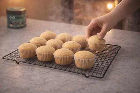 Baked Bioraya cupcakes cooling on a rack beside the jar