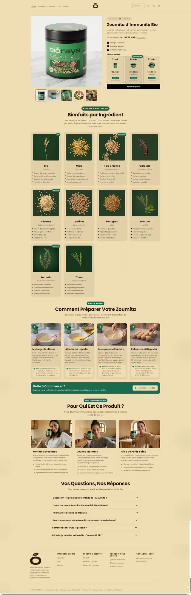 Bioraya product page showing the bundle selector, the ten ingredient cards, the preparation steps and the audience section, built by Mira Visions