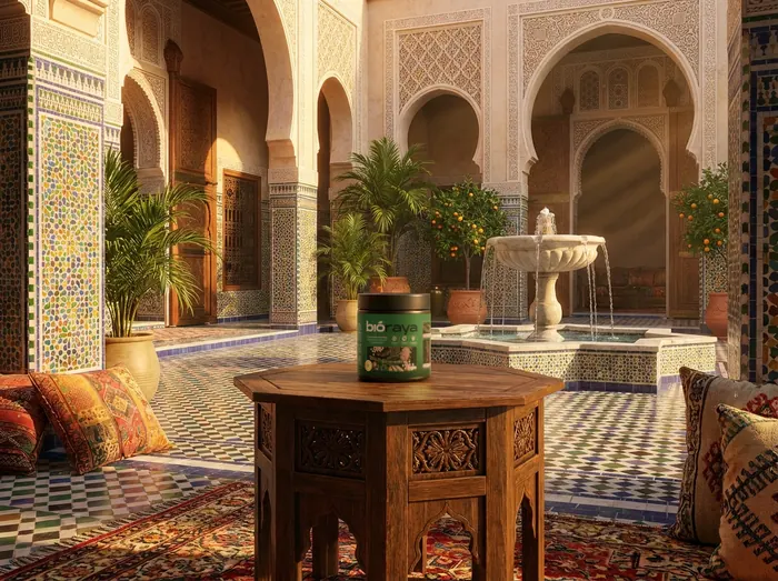 Bioraya jar photographed into a Moroccan riad courtyard with zellige tilework and a fountain, 3D rendered by Mira Visions