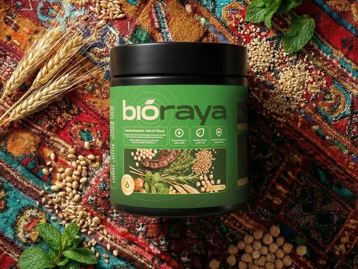 Bioraya jar on a woven Moroccan textile surrounded by the raw grains, pulses and herbs from the recipe, 3D rendered by Mira Visions
