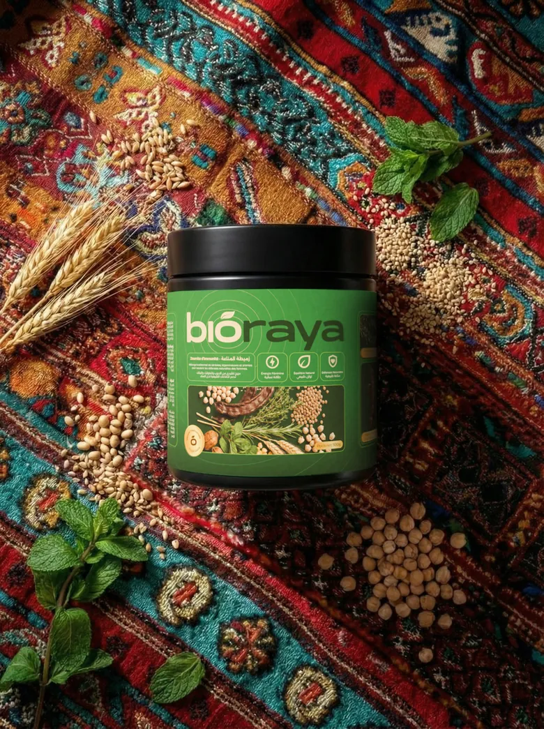 Bioraya jar photographed from above on a Moroccan textile surrounded by the raw ingredients, 3D rendered by Mira Visions