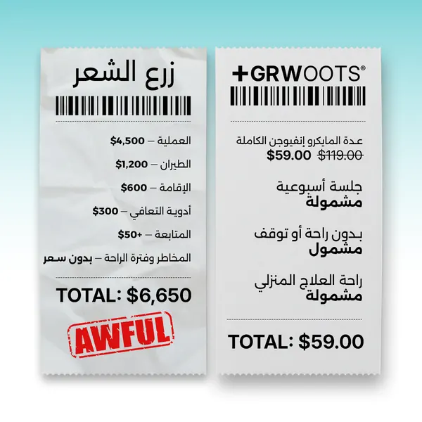 Publicité comparative de reçus GRWOOTS en arabe par Mira Visions, composée de droite à gauche
