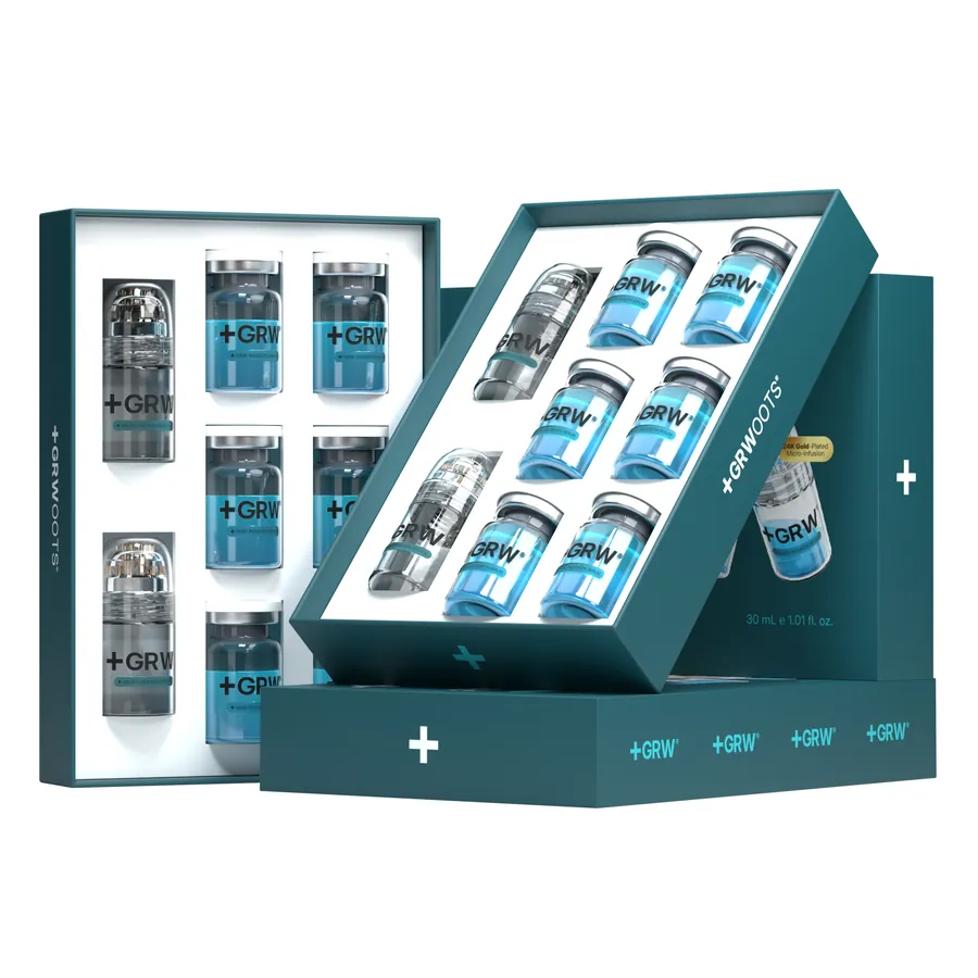 Coffret de traitement GRWOOTS ouvert montrant le plateau de flacons de sérum hebdomadaires, rendu 3D par Mira Visions