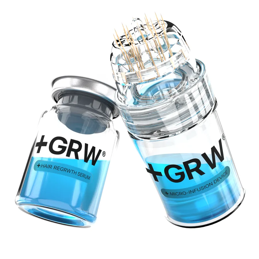 Boîte de vente GRWOOTS à côté du dispositif et du flacon de sérum sur fond blanc, rendu 3D par Mira Visions