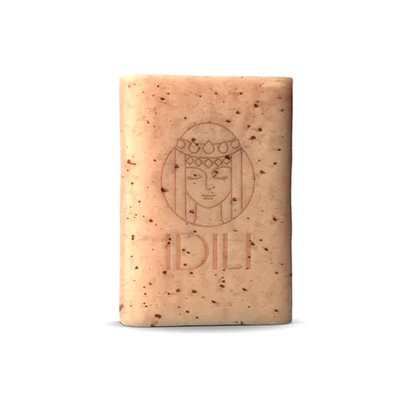 Pain nettoyant Idili avec le monogramme marqué en creux, rendu 3D par Mira Visions