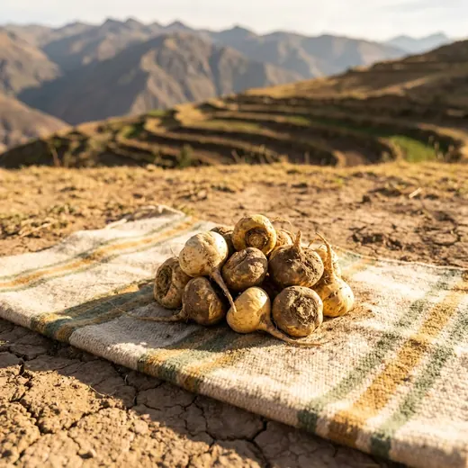 Origine des ingrédients Kyachi, racines de maca fraîchement récoltées sur un tissu tissé dans les Andes péruviennes, direction artistique par Mira Visions