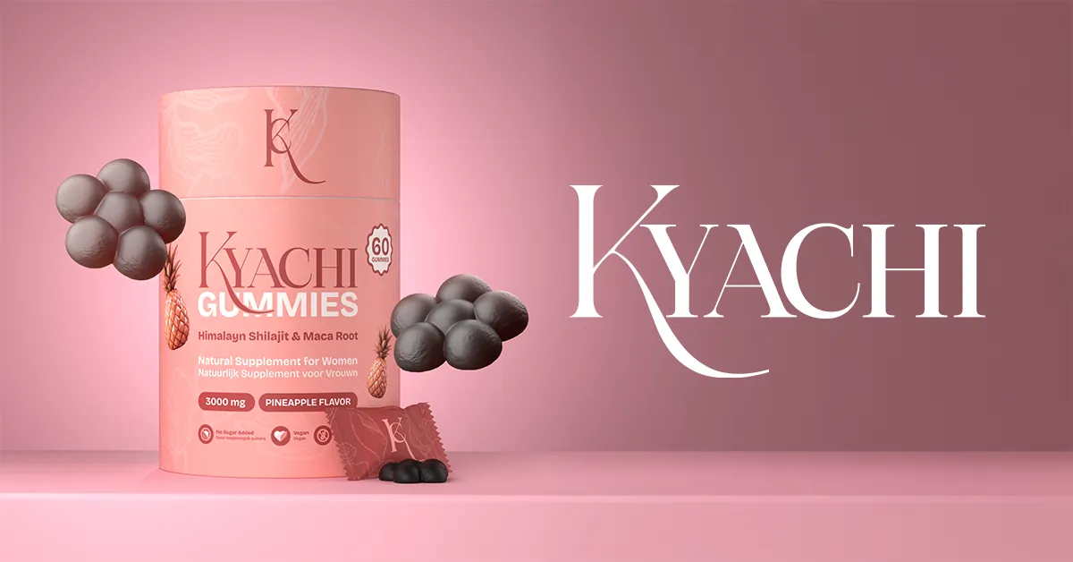 Bannière de marque Kyachi, le visuel pleine largeur avec le tube, les sachets et les gummies sur fond blush