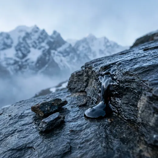 Origine des ingrédients Kyachi, résine de shilajit de l'Himalaya suintant d'une ardoise humide en altitude, direction artistique par Mira Visions
