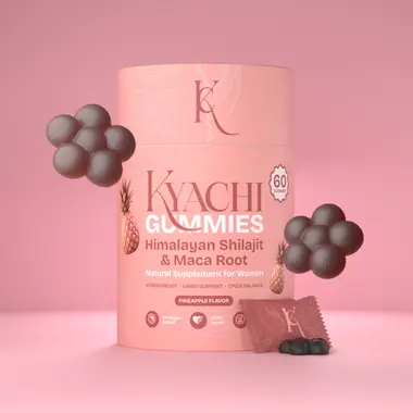 Tube Kyachi en lévitation avec des gummies et un sachet, rendu 3D