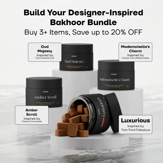 Publicité « composez votre lot de bakhoor inspiré des créateurs » Nuarai par Mira Visions avec quatre pots étiquetés
