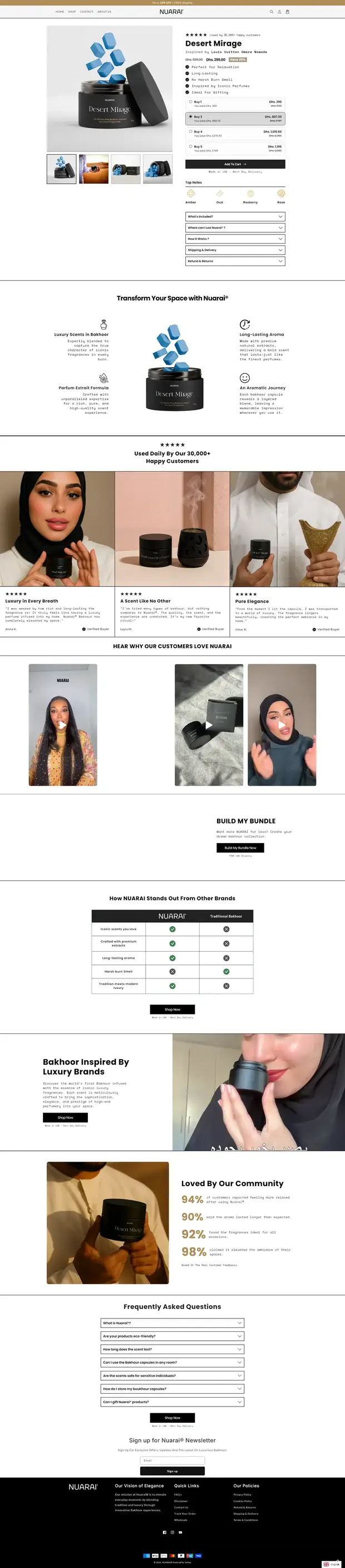 Défilement complet de la boutique en ligne Nuarai construite par Mira Visions, collections triées par famille olfactive