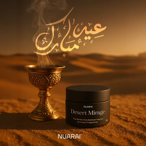 Campagne Aïd Moubarak Nuarai par Mira Visions, un brûle-parfum en laiton et le pot Desert Mirage sur le sable du désert