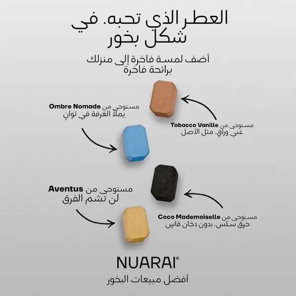 Publicité « le parfum que vous aimez, en bakhoor » Nuarai en arabe par Mira Visions, composée de droite à gauche