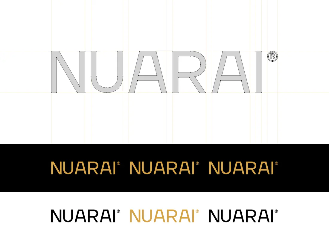 Planche de règles du logo Nuarai par Mira Visions, montrant les contours du logotype, la grille de construction et les déclinaisons noir, blanc et or approuvées