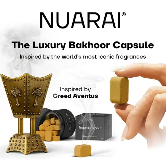 Publicité capsule de bakhoor de luxe Nuarai par Mira Visions, une mabkhara en laiton et une capsule tenue en main