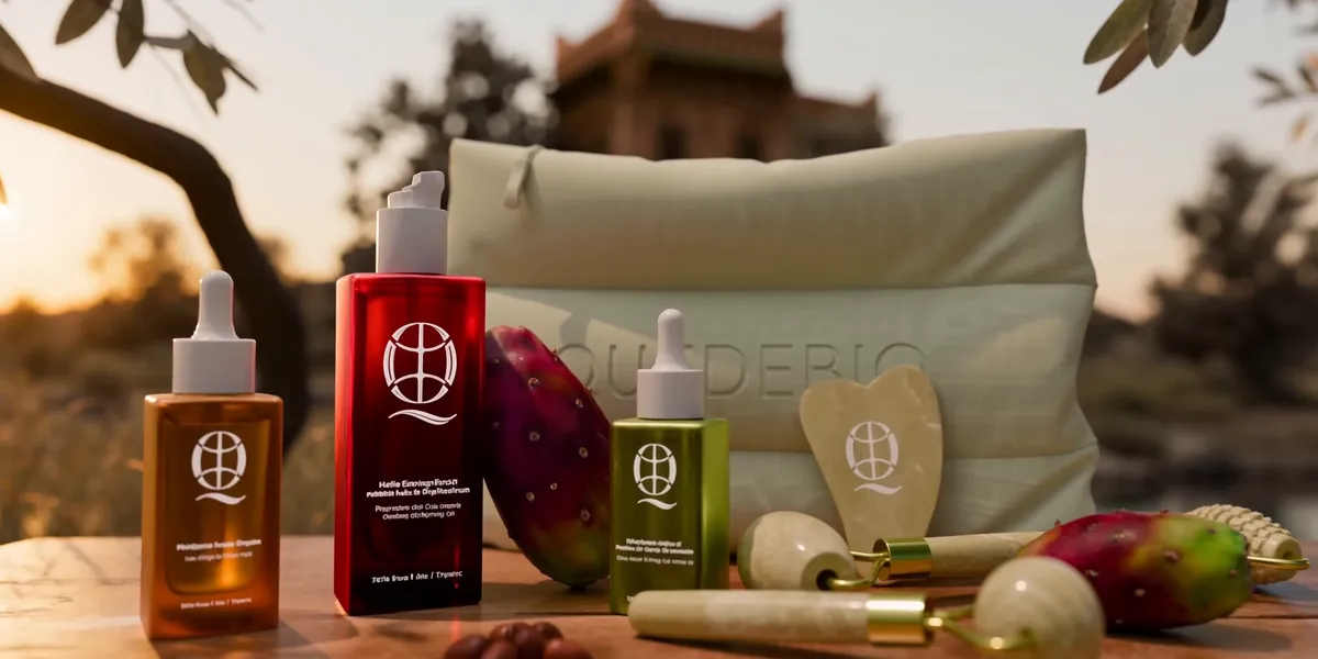 La gamme Quedebio au complet, pochette et outils en jade sur une table en bois au coucher du soleil, une kasbah marocaine en arrière-plan