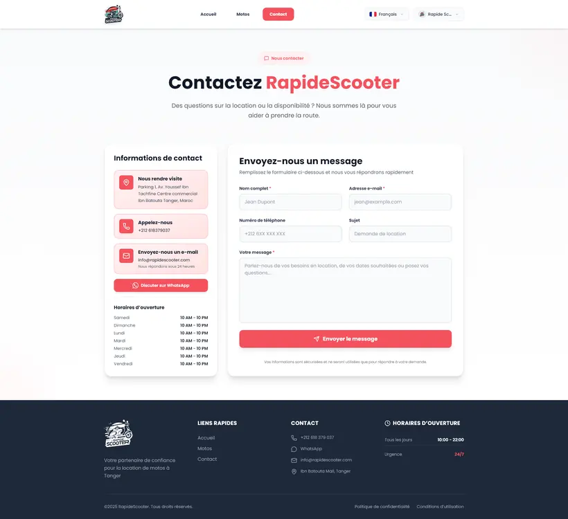 RapideScooter contact page with the message form, opening hours and the Ibn Batouta Mall address in Tangier, built by Mira Visions