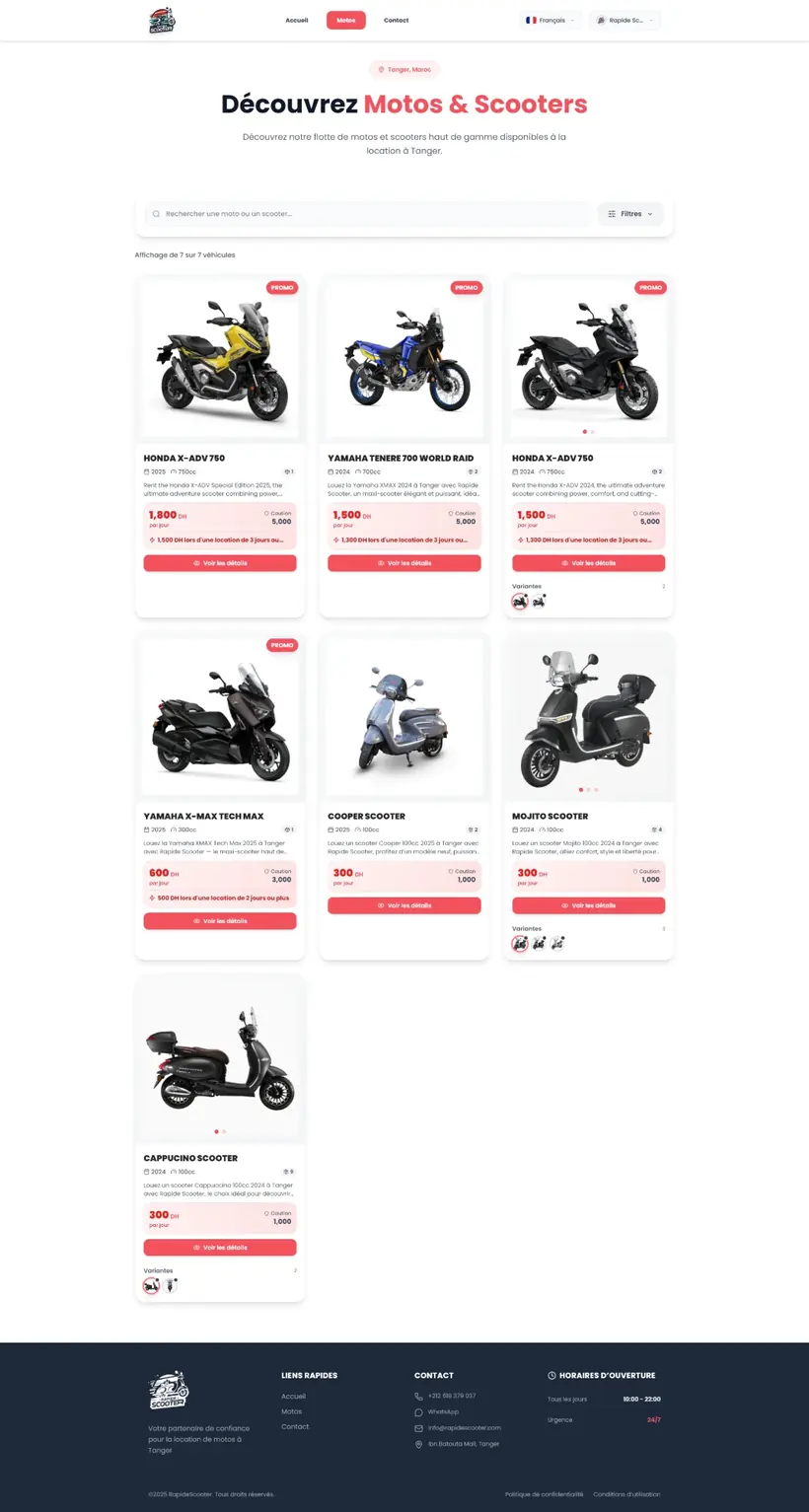 RapideScooter fleet page listing motorcycles and scooters as cards with day rates and availability, built by Mira Visions