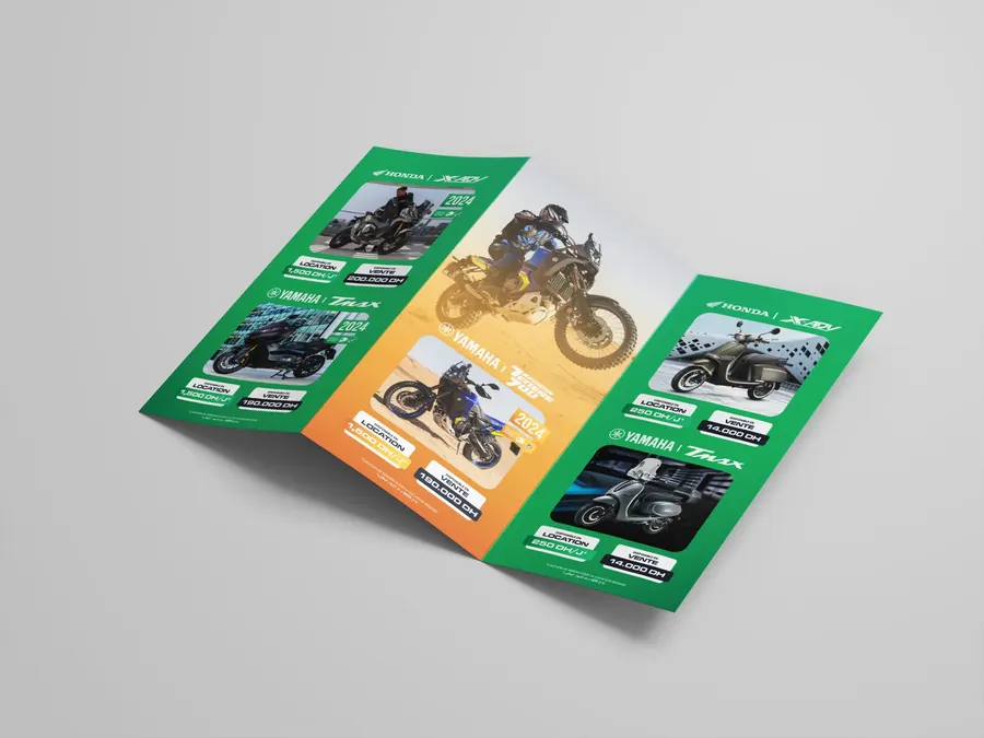 RapideScooter green trifold flyer laying out the motorcycle and scooter fleet with rates, designed by Mira Visions