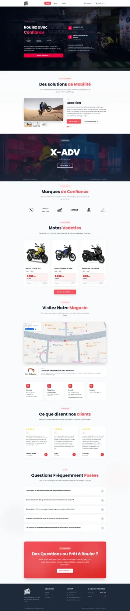 RapideScooter mobile home page showing the hero, the featured machines, the map and the booking form, built by Mira Visions