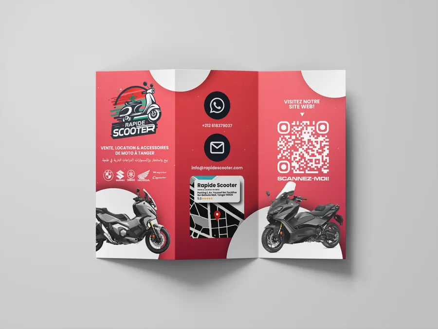RapideScooter red trifold flyer with the WhatsApp number, a QR code to the website and two motorcycles, designed by Mira Visions