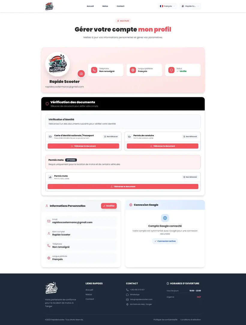 RapideScooter account page in French showing the rider profile, verified status and the document verification panel, built by Mira Visions