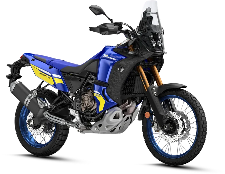 Yamaha Tenere 700 World Raid in blue and yellow, available to rent from RapideScooter Tangier, presented by Mira Visions