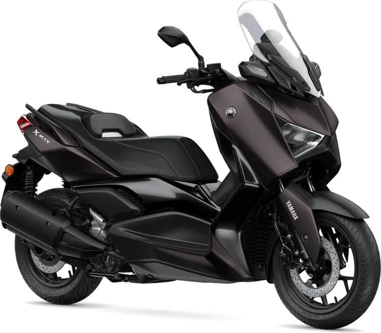 Yamaha XMAX 300 Tech Max scooter in dark magma bronze, available to rent from RapideScooter Tangier, presented by Mira Visions