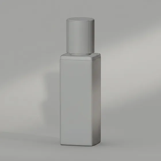Rendu en argile grise sans texture du flacon Seraya, montrant la forme pure avant tout matériau