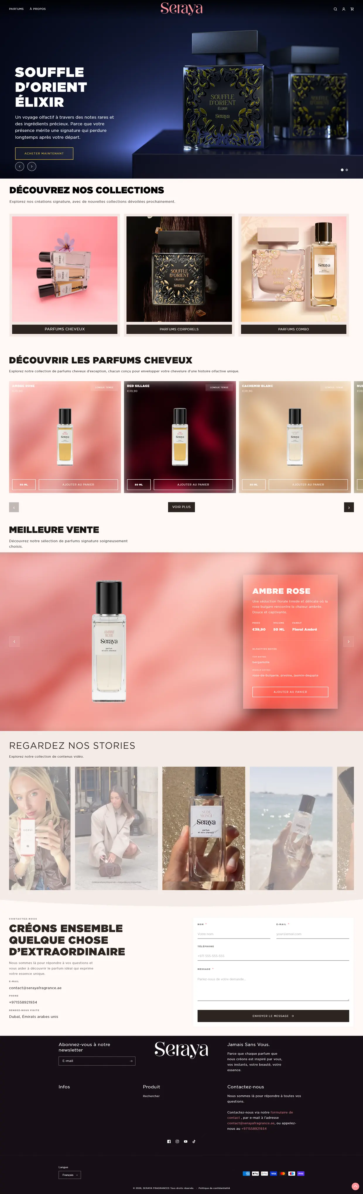 La page d'accueil Seraya Fragrances construite par Mira Visions, avec la bannière Souffle d'Orient, les trois collections, le rail des parfums cheveux et la meilleure vente