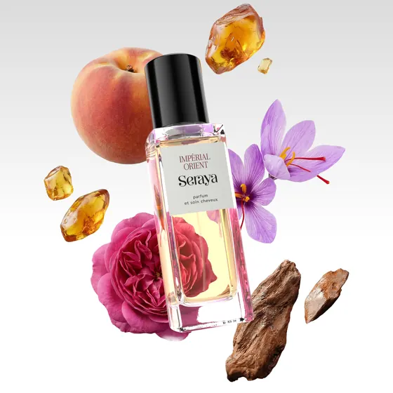 Composition Seraya Impérial Orient avec pêche, safran, rose et oud en suspension autour du flacon