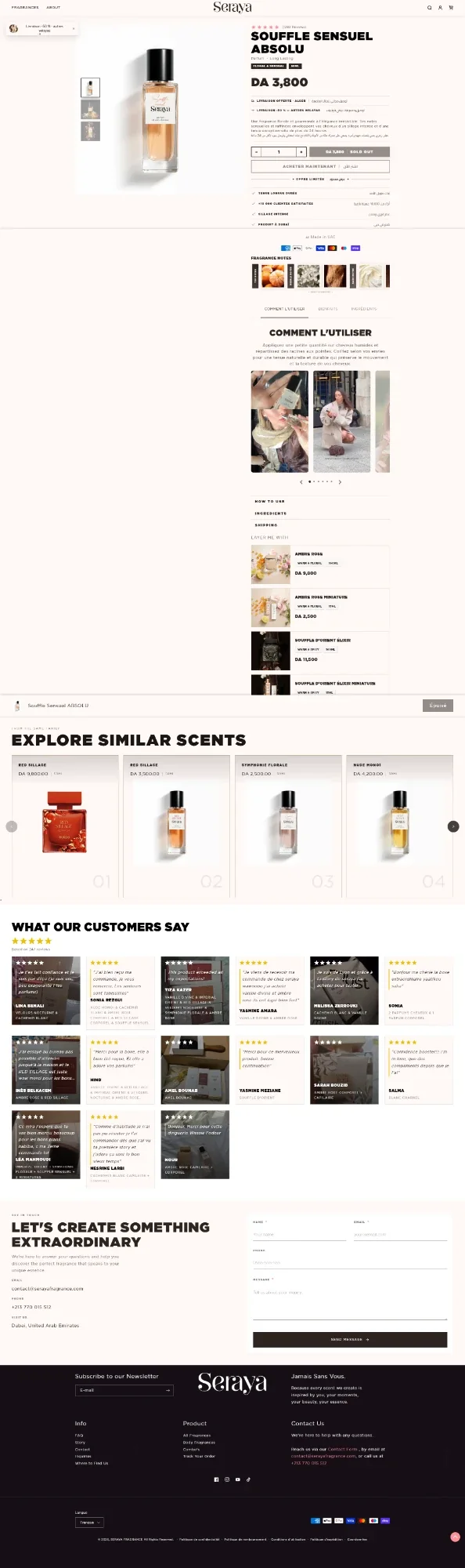 La fiche produit Seraya Souffle Sensuel Absolu construite par Mira Visions, avec la bande des notes olfactives, le carrousel mode d'emploi, un rail « à superposer avec », un carrousel de senteurs similaires, le mur d'avis clients et une barre d'ajout au panier fixe