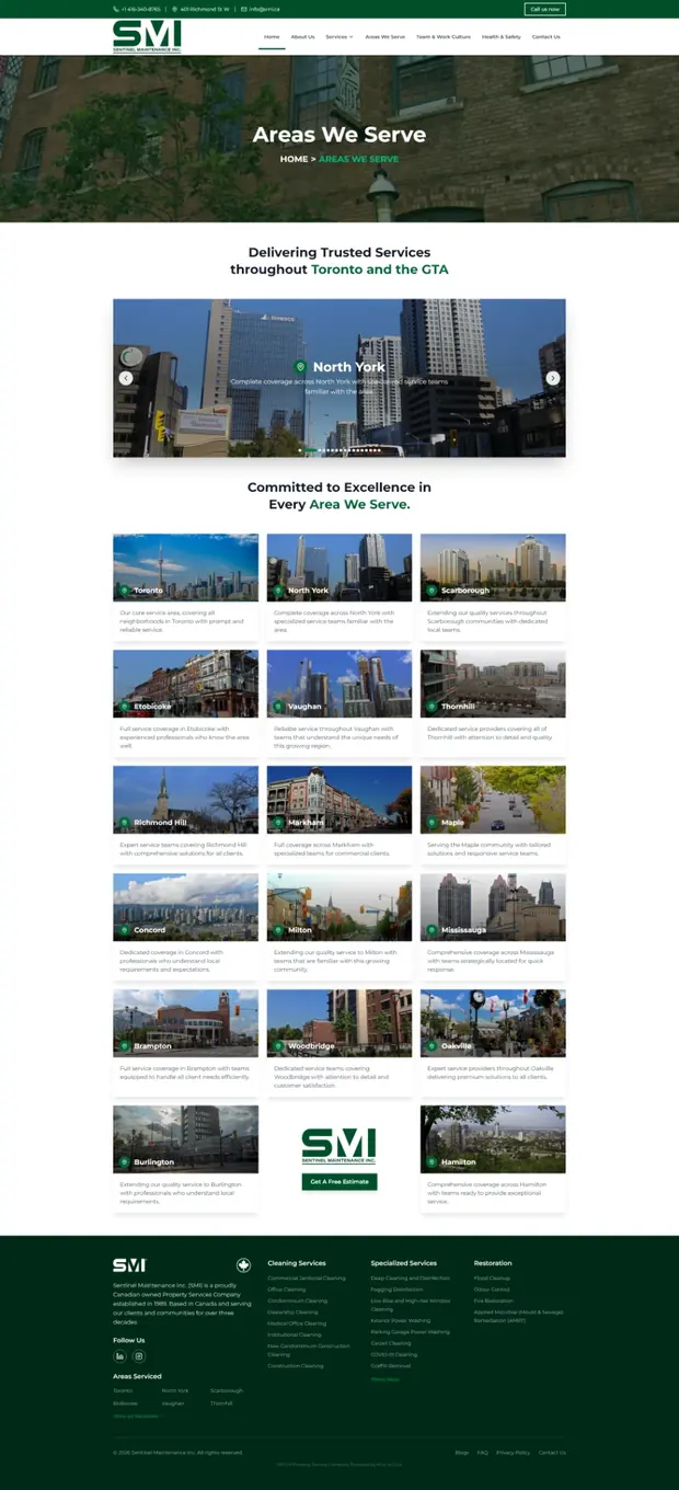 Défilement complet de la page des zones desservies de Sentinel Maintenance, avec le carrousel de villes et chaque carte de secteur