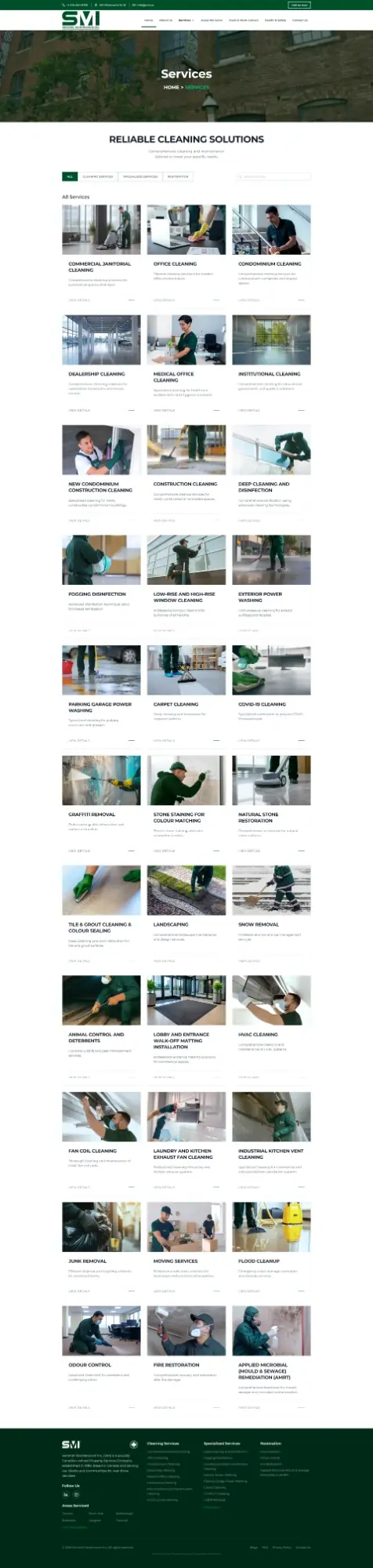 Page services de Sentinel Maintenance avec une grille filtrable de plus de trente cartes de services