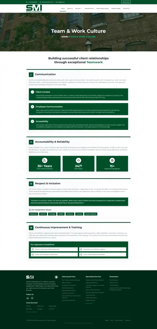 Page équipe et culture de travail de Sentinel Maintenance avec les sections communication, responsabilité, respect et formation