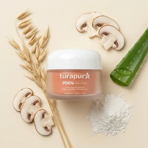 Turapura cream jar with oats, aloe and mushroom ingredients, content by Mira Visions
