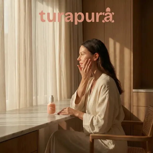 Woman applying Turapura serum by a window, lifestyle content by Mira Visions