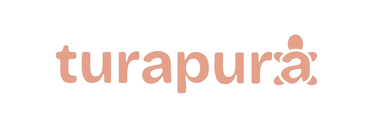 The Turapura wordmark set in peach on white, with the turtle drawn into the a, designed by Mira Visions