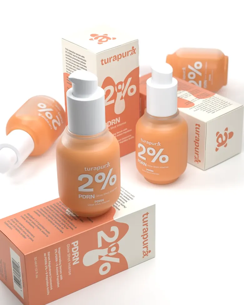 Turapura PDRN glow shot cartons and bottles showing the 2% badge, 3D rendered by Mira Visions