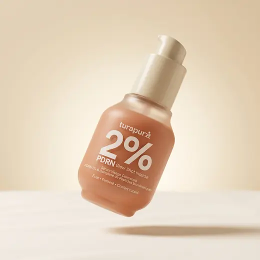 Turapura serum bottle studio shot on a warm cream ground, 3D rendered by Mira Visions